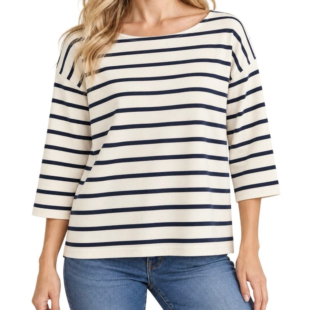 L.L.Bean Womens Small Regular Cream Navy Blue Cozy Blouse Shirt Top Nautical